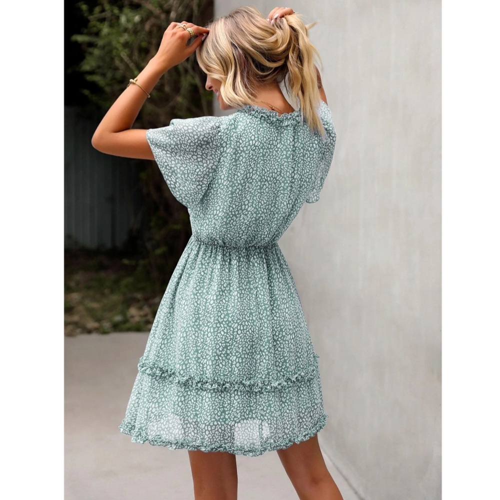 Floral Green Dress Summer V-Neck Short Mini - Picture 5 of 6